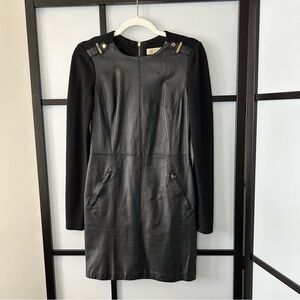 [0] Michael by Michael Kors Black Leather Long Sleeve Mini Dress Gold Hardware